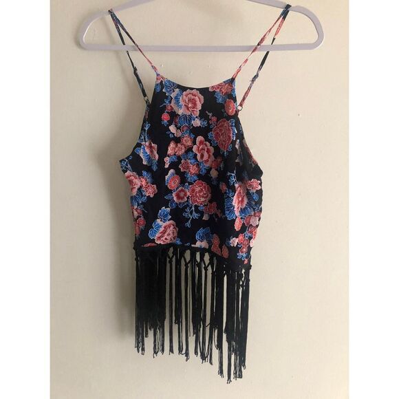 Forever 21 Strappy floral black tank top with fringe size M - Picture 1 of 7